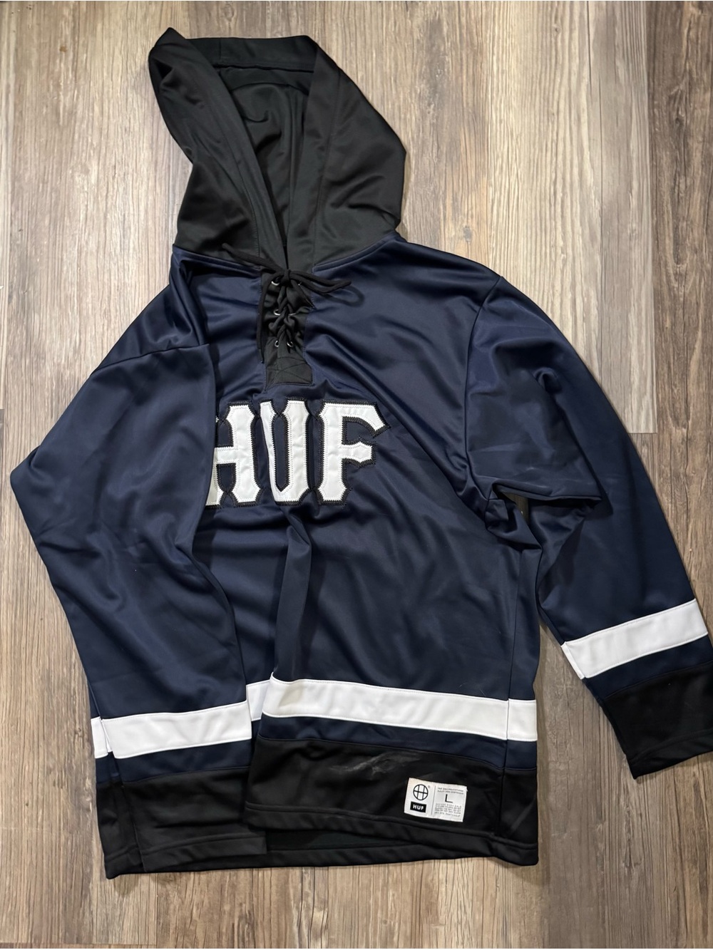HUF Navy and Black Lace-Up Hooded Pullover with White Stripe